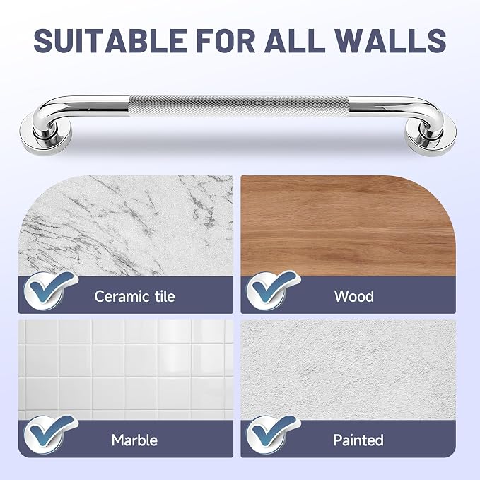24 Inch Shower Grab Bar, Chrome Anti Slip Safety Bars, 304 Stainless Steel Bathroom Handrail, Handicap Grab Bars for Wall, Shower Grip Handle for Seniors Elderly Injury Assist Bath (1.25" Dia)