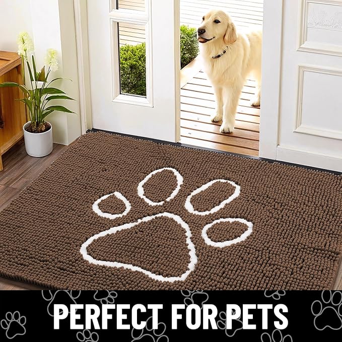 Smiry Dog Door Mat for Muddy Paws, Absorbent Dirt Trapper Non Slip Quick Dry Washable Chenille Mat for Mud Dogs, Entry Rug for Indoor and Outdoor (30x20 Inches, Coffee and White)
