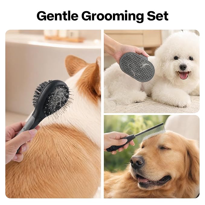 PAWISE Dog Grooming Kit 7-in-1, Dog Bath Brush Set with Pet Washer, Paw Washer, Soft Brush, Finger Brush, Tick Remover & Microfiber Towel - Pet Grooming Supplies for Dogs and Cats