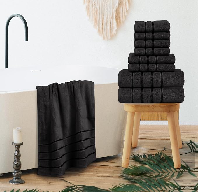 Luxury Towels for Bathroom Set of 8-2 Bath Towels 2 Hand Towels 4 Washcloths - 600 GSM 100% Cotton Ring Spun Viscose Border Towels Set - Black