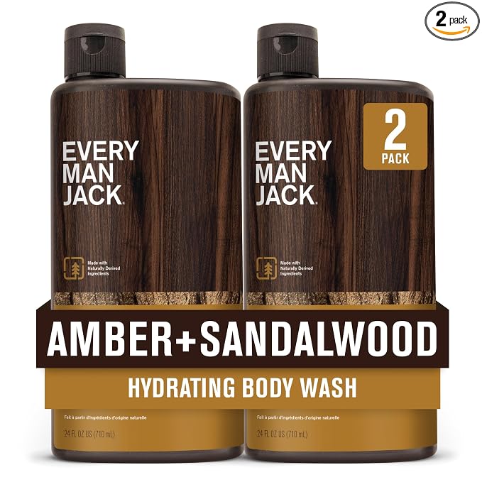 Every Man Jack Amber+Sandalwood Hydrating Mens Body Wash for All Skin Types-Cleanse, Nourish, and Hydrate Skin with Naturally Derived Ingredients-Paraben Free, Phthalate Free, Dye Free-24oz(Pack of 2)