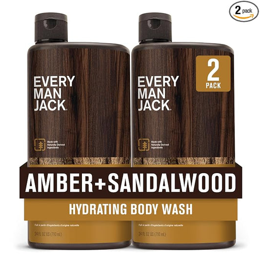 Every Man Jack Amber+Sandalwood Hydrating Mens Body Wash for All Skin Types-Cleanse, Nourish, and Hydrate Skin with Naturally Derived Ingredients-Paraben Free, Phthalate Free, Dye Free-24oz(Pack of 2)