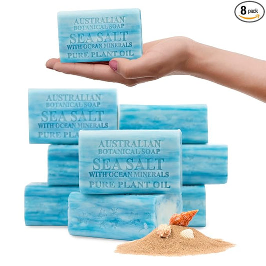 Australian Botanical Soap, 6.6 OZ, Sea Salt and Ocean Minerals, Triple Milled Bars made with a Natural Soap Base and Enriched with Organic Shea Butter, Pack of 8