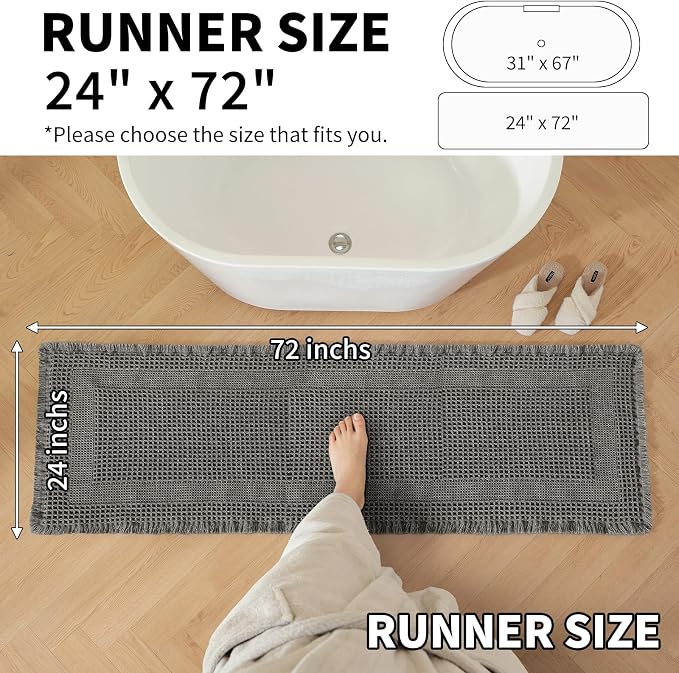 Waffle Bath Mat - Super Water Absorbing Bath Mat Quick Dry, Bathroom Rugs Non Slip Washable with Tassels, Rubber Backed Bathroom Mat for Bathroom Floor, Tub and Shower, 24" x 72", Dark Grey