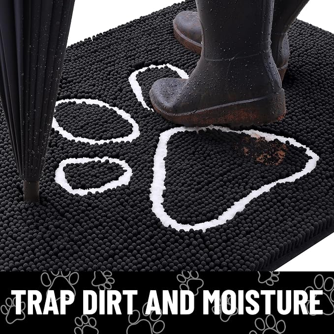 Smiry Dog Door Mat for Muddy Paws, Absorbent Dirt Trapper Non Slip Quick Dry Washable Chenille Mat for Mud Dogs, Entry Rug for Indoor and Outdoor (45x27 Inches, Black and White)