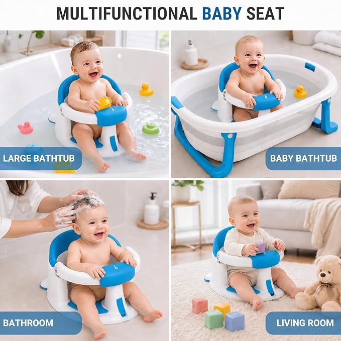 Baby Bath Seat for Babies 6-24 Months, Non Slip Infant Bath Seat with 4 Suction Cups, BPA Free Baby Bathtub Seat, Secure Bath Support Chair for Sit Up Babies, Blue