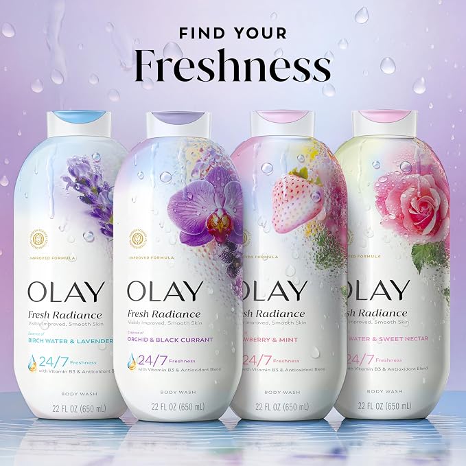 Olay Body Wash for Women, Fresh Radiance, 24/7 Skin-Loving Freshness, Visibly Radiant, Plant Based Cleansers, Vitamin B3 & Antioxidant Blend, For All Skin Types, Orchid & Black Currant Scent, 22 fl oz