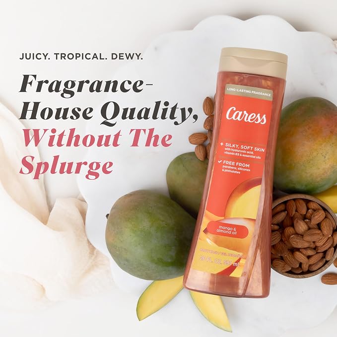 Caress Mango & Almond Oil Body Wash, 20 fl oz, 4 Pack | Hyaluronic Acid & Vitamin B3, Moisturized, Silky Soft Skin, Long-Lasting Tropical Fragrance