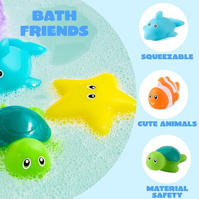 JOYIN 6 Pcs Sea Animal Bath Toys, Sealed & No-Hole & Mold Free Bathtub Toys for Kids, Non-Toxic & Soft Water Vehicles Toys for Boys and Girls, Squeezable & Float on Water, Ideal for Bath & Pool Time