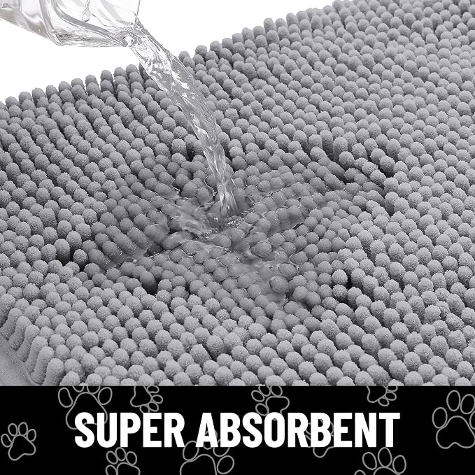 Smiry Dog Door Mat for Muddy Paws, Absorbent Dirt Trapper Non Slip Quick Dry Washable Chenille Mat for Mud Dogs, Entry Rug for Indoor and Outdoor (40x32 Inches, Grey and White)
