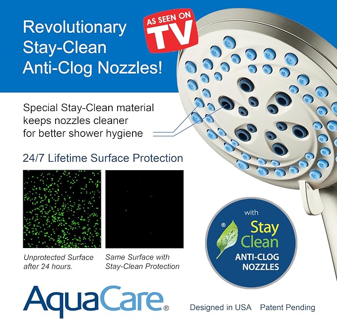 AquaCare Seen-On-TV High Pressure 8-mode Handheld Shower Head - 2-mode Power Wash to Clean Tub, Tile & Pets, Stay-Clean Nozzles, Extra Long 6 ft. Stainless Steel Hose, Wall & Overhead Brackets, Nickel