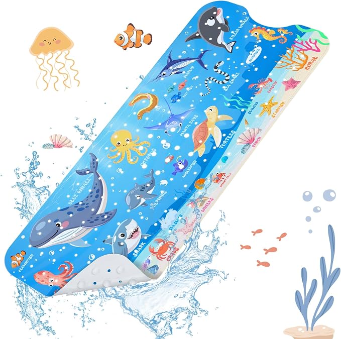 SHUCHING Baby Bath Mat for Tub Non Slip-40x16 Inch, Blue Ocean Animal | Bathtub Mat for Kids & Toddler Mold Free, Long Shower Mat for Inside Shower with Suction Cup, Machine Washable