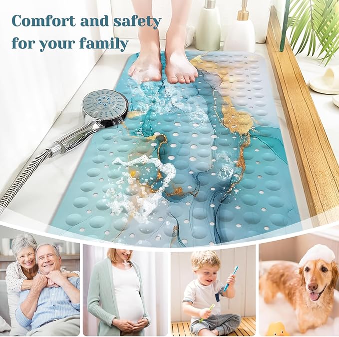 Marble Bath Tub Mat Non Slip, Green Blue Marble Non Slip Bath Mat for Shower, Large Washable Shower Mats for Showers with Drain Holes and Suction Cups,40 X 16 Inch