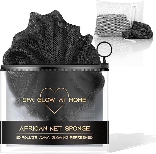 African Net Sponge - Deep Exfoliating Body Scrubber - Ultra Long African Net Sponge Reaches All Back Areas, Gently Buffs Away Dry Flaky Skin for a Renewed Feel, Home Spa Experience（Black）
