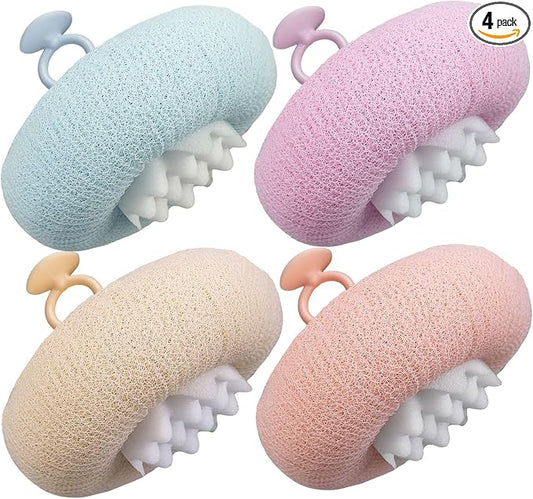 4Pcs New Upgrade 2-in-1 Sunflower Bath Ball, Ultra Soft Bath Sponge Cleaning Brush, Suction Cup Bath Ball with Finger Rings,Exfoliating Shower Loofah Sponges(Pink+Blue-Green+Beige+Purple)