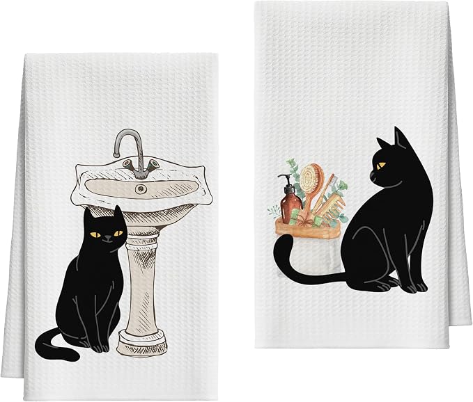 Bath Towels Set of 2, Cute Funny Black Cat Dish Towel for Bathroom Spa Kitchen, Decorative Hand Towels, Fast Drying Tea Towel, Housewarming Xmas Gifts for Cat Lover Women Mom -B27