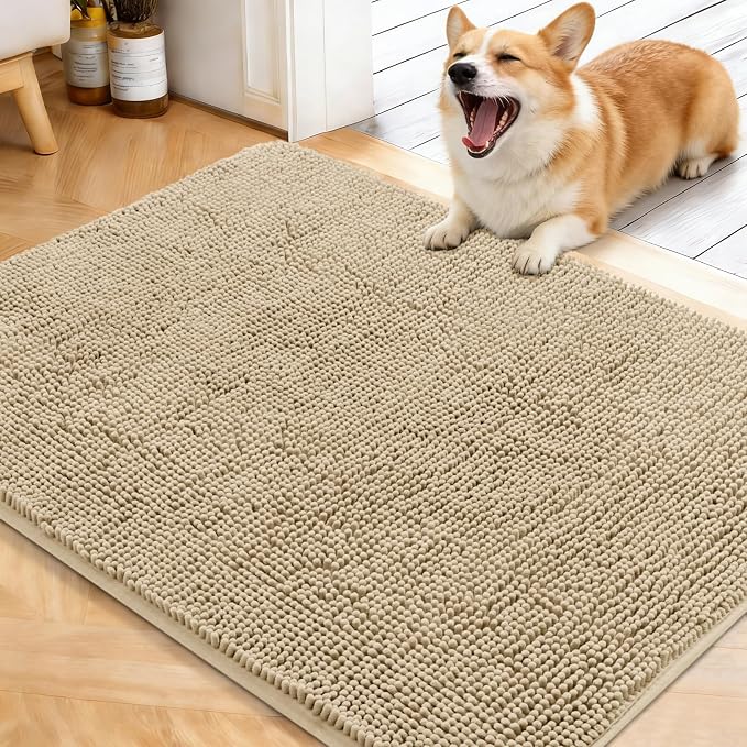 OLANLY Dog Door Mat for Muddy Paws 40x32, Absorbs Moisture and Dirt, Absorbent Non-Slip Washable Doormat, Quick Dry Chenille Mud Mat for Dogs, Entry Indoor Entryway Carpet for Inside Floor, Beige