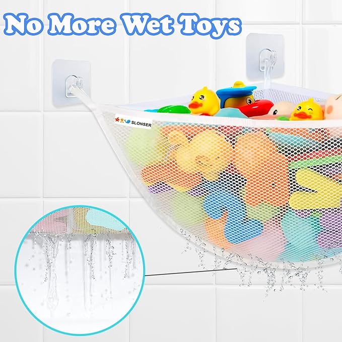Bath Toy Storage Organizer for Bathtub – Large Mesh Bath Toy Holder & Bath Toy Net, Corner Bathtub Toy Storage with 3 Strong Suction Cups, 3 Adhesive Hooks, Quick-Dry Toy Holder for Tub & Shower
