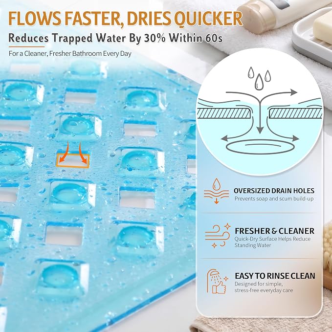 Yimobra Bathtub Mat Non Slip, 35"X16" Shower Mat with Strong Suction Cups & Drain Holes, Long Anti Slip Bath Tub Mat for Inside Shower, Machine Washable Fast Drying, Bathroom Essentials, Clear Blue