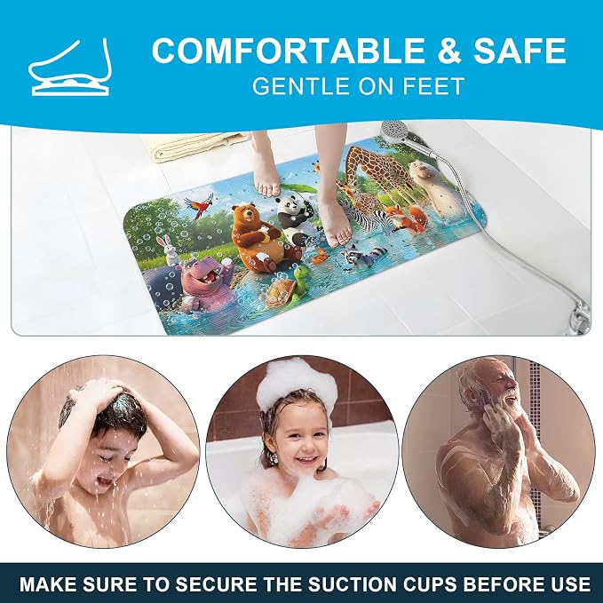 XIYUNTE Baby Bath Mat for Tub Non Slip Kids, BPA Free Extra Long Bathtub Mat 40x16 with Drain Holes and 200 Suction Cups, Non Toxic Machine Washable Toddler Bath Mat, Eco-Friendly Certified