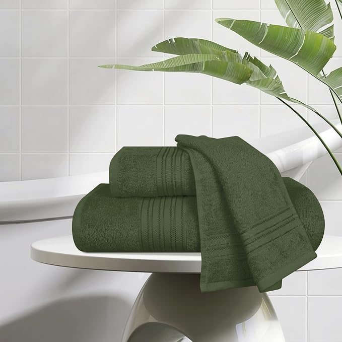 BOUTIQUO Ultra Soft 3 Pack Cotton Towel Set, Contains a Bath Towels 28x55 inch, a Hand Towels 16x24 inch & a Wash Coths 12x12 inch, Ideal Everyday use, Compact & Lightweight - Olive Green