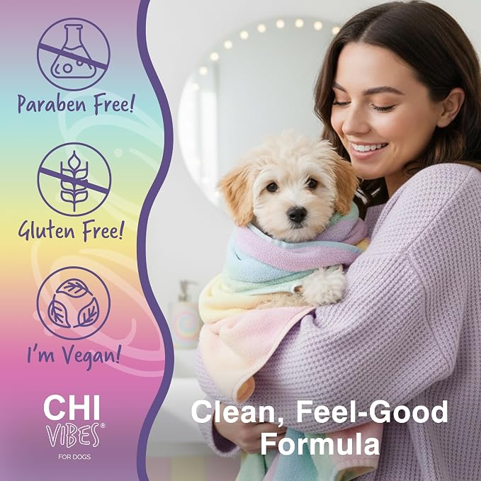 CHI Vibes for Dogs Soothing 2 in 1 Dog Shampoo and Conditioner Sensitive Skin Cleanser Dog Deodorizer for Puppies and Adults Vegan pH Balanced Gluten Paraben Free Made in USA 12 FL OZ Grooming