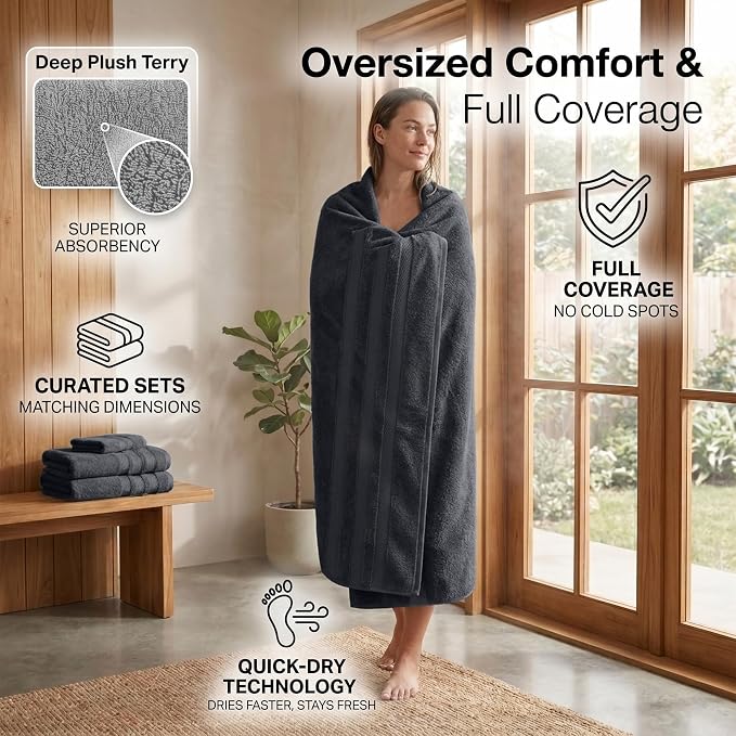 RIVERSIDE Pack of 2 Extra Large Bath Sheets 35 x 70 Inches, 100% Ring Spun Cotton, Hotel Quality, Oversized Bath Towels, Super Soft, Highly Absorbent & Quicker to Dry, Charcoal Gray
