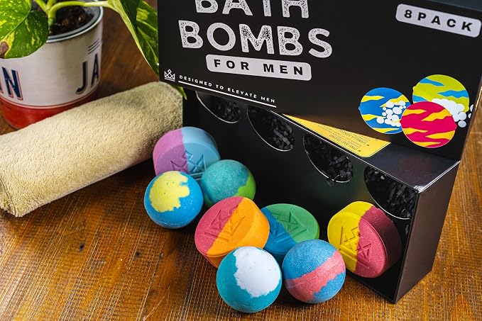 Bath Bombs for Men - Unique Sphere & Disc Shape - 8 Bath Bombs Mix of 5oz & 2.5oz - Gifts for Men - Bubble Bath Set