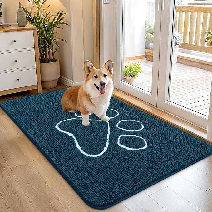 OLANLY Dog Door Mat for Muddy Paws 45x27, Paw Print Design, Absorbs Moisture and Dirt, Absorbent Non-Slip Washable Doormat, Quick Dry Chenille Mud Mat, Entry Indoor Entryway Carpet, Atlantic Blue