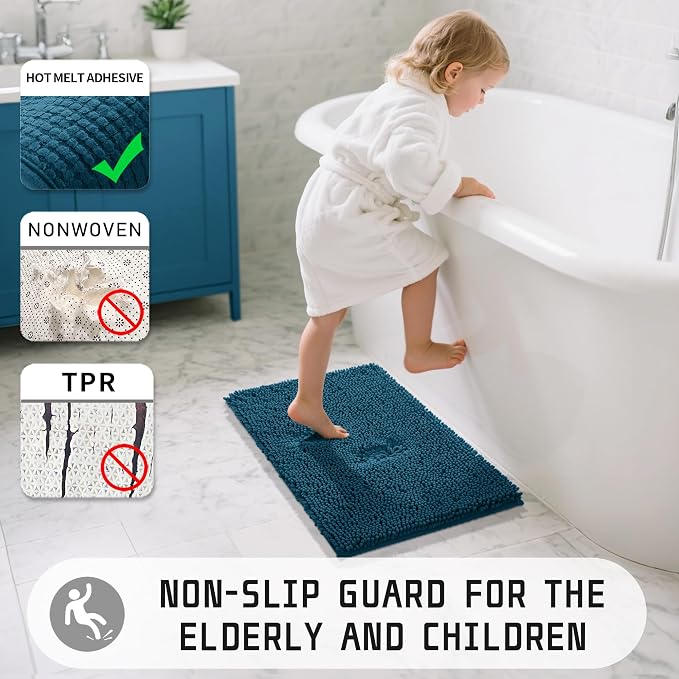 Yimobra Washable Bathroom Rugs, Super Soft & Absorbent Chenille Bath Mat for Floor & Carpet, Quick Dry Non Slip Bath Mat for Tub Shower, 24" x 17",Peacock Blue