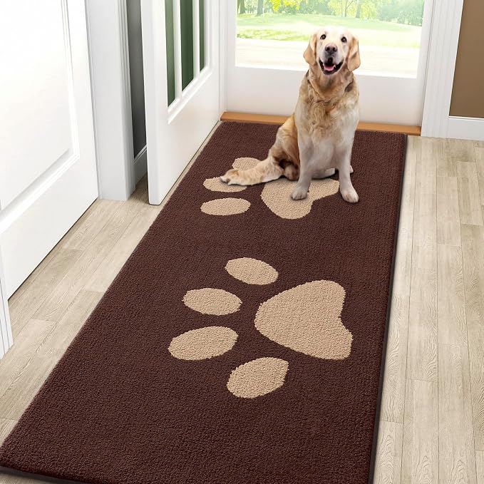 Smiry Dog Door Mat for Muddy Paws, Absorbs Moisture and Dirt, Low-Profile Entryway Mat with Non-Slip Backing, Entry Indoor Outdoor Doormat for Inside Floor (59x24 Inches, Brown, Paw