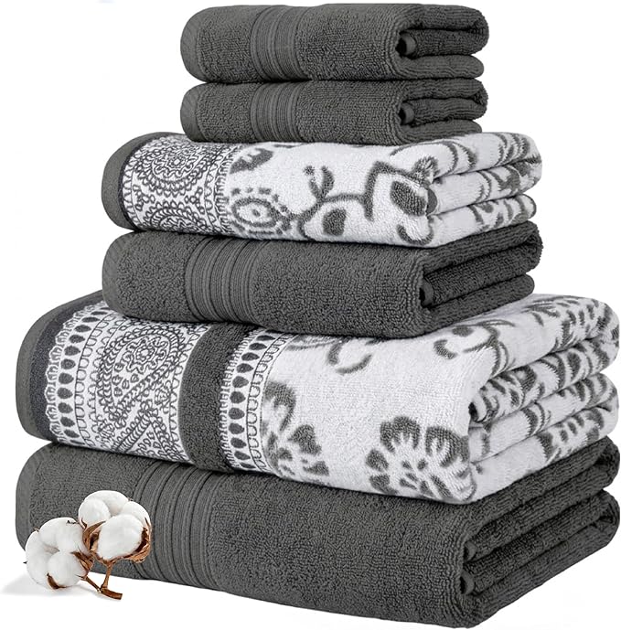 Modern Threads 6 Piece Bath Towel Set – Bathroom Set with 2 Bath Towels, 2 Hand Towels, and 2 Wash Cloths – 100% Cotton, Super Absorbent & Extra Soft – Reversible Floral Trail (Gray)