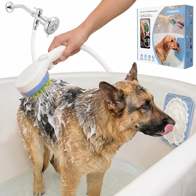 Dog Shower Sprayer Kit with Deodorizing Shower Steamers, Universal Pet Bathing Tool for Indoor & Outdoor Use with Silicone Massage Brush, 8.2ft Extra-Long Hose, Brass Diverter & Lick Mat
