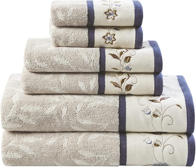 Madison Park Serene 100% Cotton Bath Towel Set Luxurious Floral Decorative Towels for Bathroom Embroidered Cotton Jacquard Design Soft Highly Absorbent for Shower 600 GSM, Multi-Sizes, Navy 6 Piece