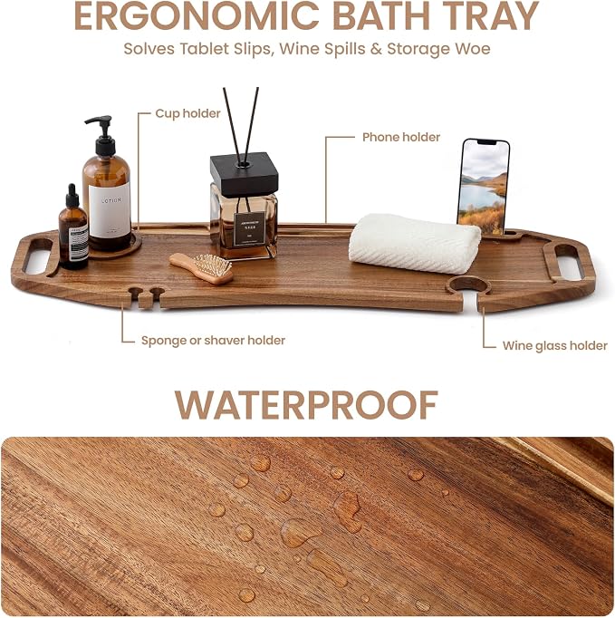 Bathtub Tray with Accessories Holder and Storage, Non-Slip Bath Tray for Tub and Bathroom Relax or Spa, 35 Inches Acacia Wooden Tray, Perfect Bath Companion Gift for Girl Friend Mother and Family.