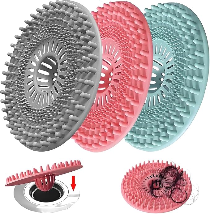 Silicone Hair Catcher for Shower Drain & Bathtub – 3 Pack (Grey/Blue/Pink), Anti-Clog Drain Strainer with Strong Suction, Easy Install, for Bathroom, Kitchen & Pet Hair (Patented)