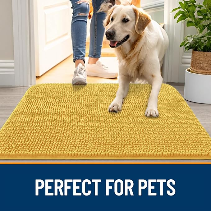 OLANLY Dog Door Mat for Muddy Paws 54x32, Absorbs Moisture and Dirt, Absorbent Non-Slip Washable Doormat, Quick Dry Chenille Mud Mat for Dogs, Entry Indoor Entryway Carpet for Inside Floor, Yellow