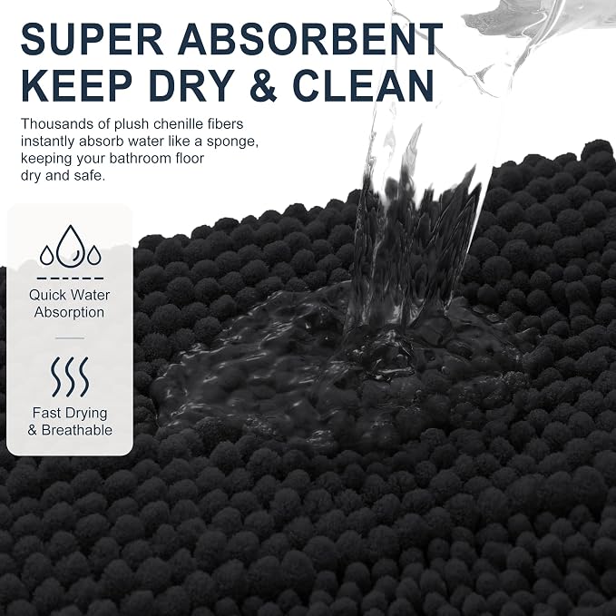 Smiry Thick Small Chenille Bathroom Rugs 24x16, Extra Soft Absorbent Striped Bath Mat, Machine Washable, Rubber Backing, Bath Rugs for Tub & Shower, Modern Home Decor Accessories, Black
