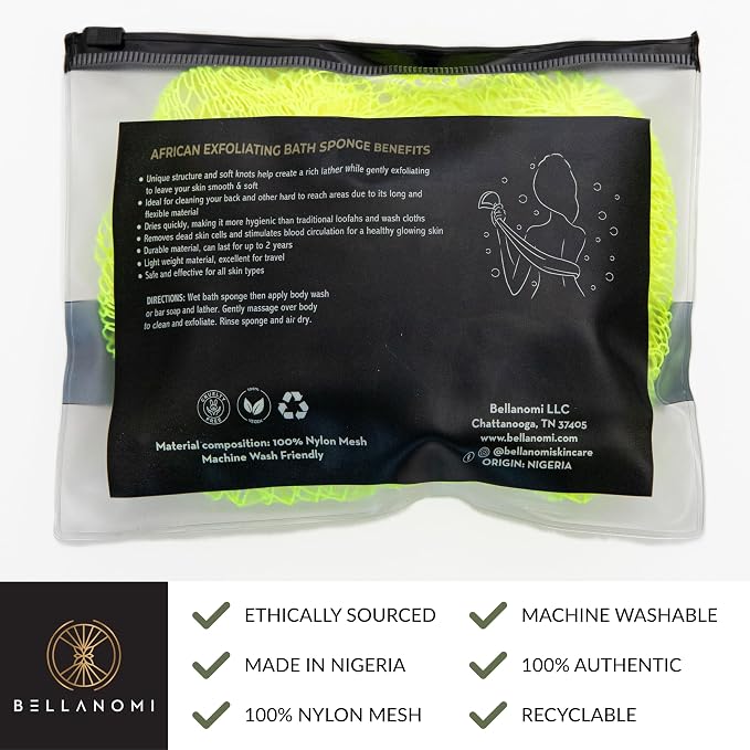 BELLANOMI African Exfoliating Net Sponge, Authentic, Ethically sourced from Nigeria, 45 inches Long, Back Scrubber for Daily use (Keylime)