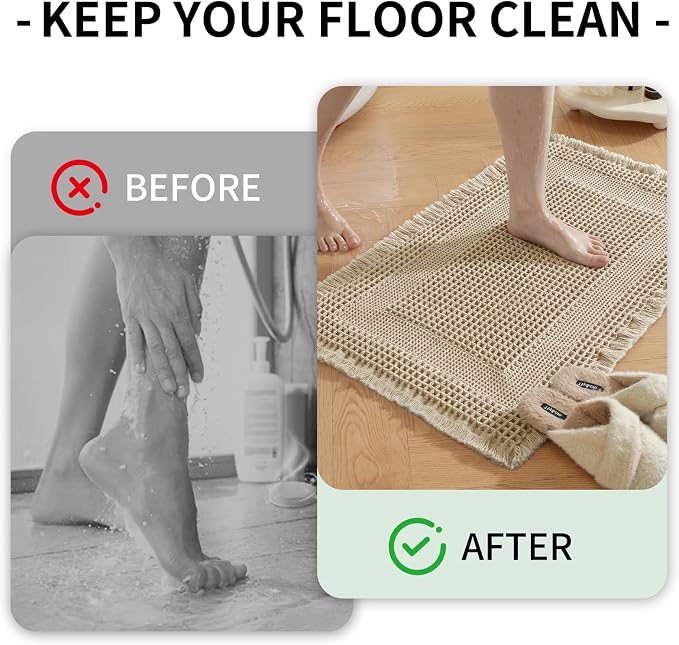 Waffle Bath Mat - Super Water Absorbing Bath Mat Quick Dry, Bathroom Rugs Non Slip Washable with Tassels, Rubber Backed Bathroom Mat for Bathroom Floor, Tub and Shower, 24" x 72", Brown