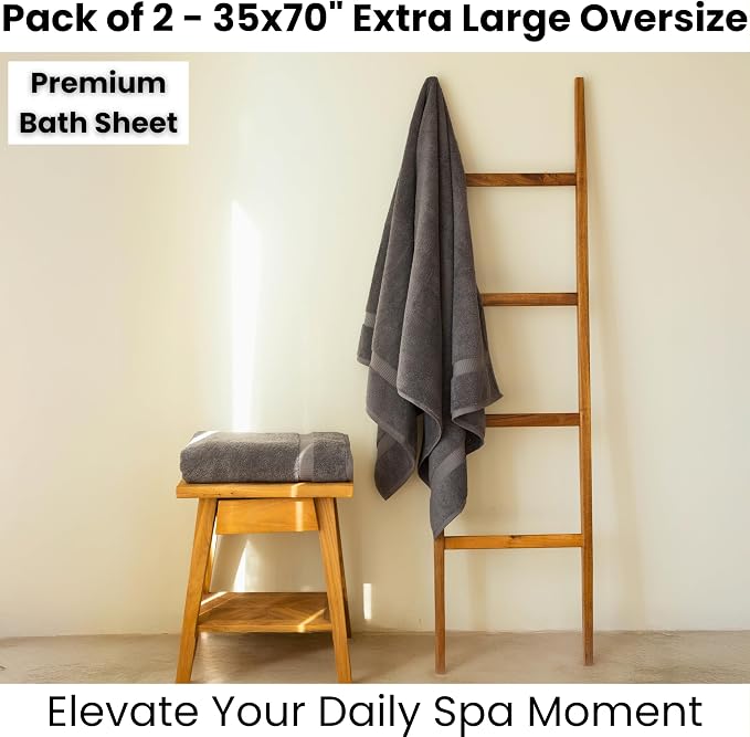 SALBAKOS 2-Piece 100% Turkish Cotton Extra Large Bath Towel 35x70 inch | Premium Hotel Quality Bath Sheet Towels | Thick, Soft, Absorbent, Oversized Bath & Beach Towels (Gray, 2 Bath Sheets)