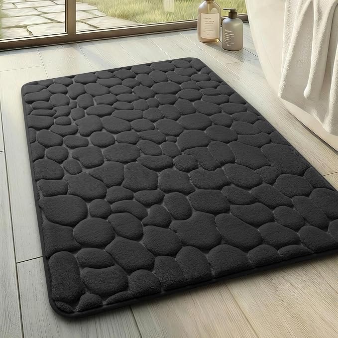 YIHOUSE Bathroom Mat Rug, Memory Foam Bath Mat, Non-Slip Bathroom Floor Mats, Cobblestone Bath Mats Absorbent Bath Rugs Washable Quick Dry (17x24,Black)