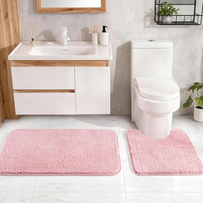 Exclusivo Mezcla Toilet Rugs U-Shaped 20x24, Extra Soft Non Slip Absorbent Microfiber Bath Rugs, Machine Washable Quick Dry Bath Mats for Toilet, Solid Pink