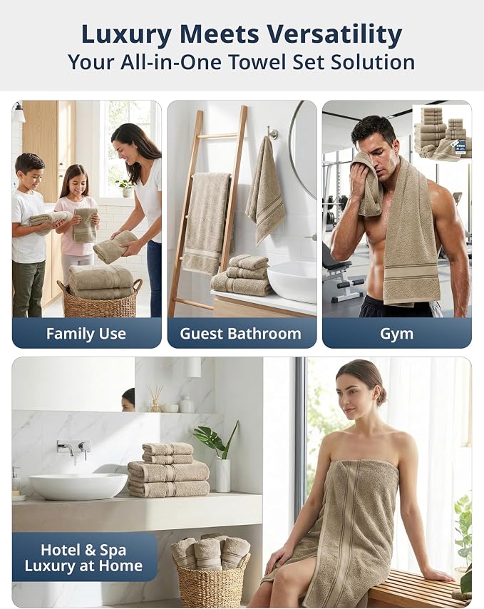 LANE LINEN Towel Set for Bathroom – 18-Pack 100% Cotton Towel, Zero Twist, Includes 6 Bath, 6 Hand & 6 Washcloth, Suitable for All Body Types, Soft & Quick Dry, Ideal for Airbnb & Spa - Tapue