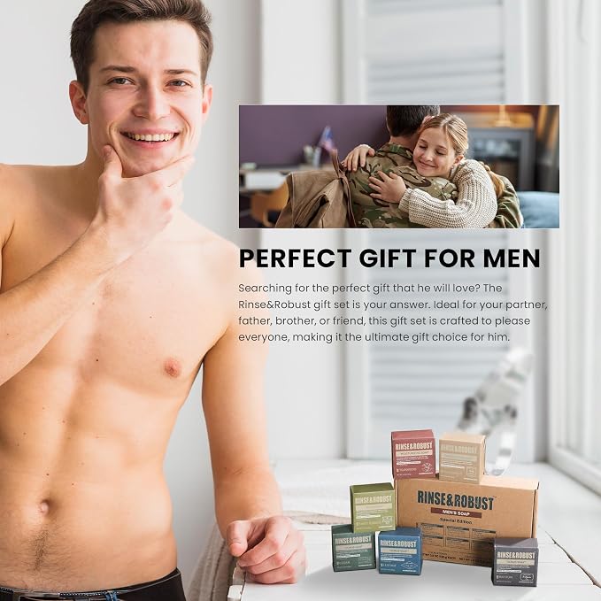 Rinse & Robust Mens Natural Bar Soap 6Pcs Handmade Cleansing Soap Bar Set Moisturizing&Exfoliating Scrub Soap Gifts for Men 6 Different Scents 3.5 oz of 6 Bars