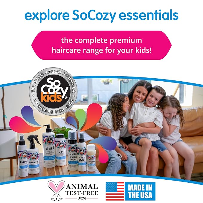 SoCozy 3 in 1 Kids Shampoo + Conditioner + Body Wash (16 Fl Oz) Gentle, Hydrating Hair & Body Cleanser with Keratin, Vitamin B5, & Kiwi Extract, Paraben & Sulfate-Free
