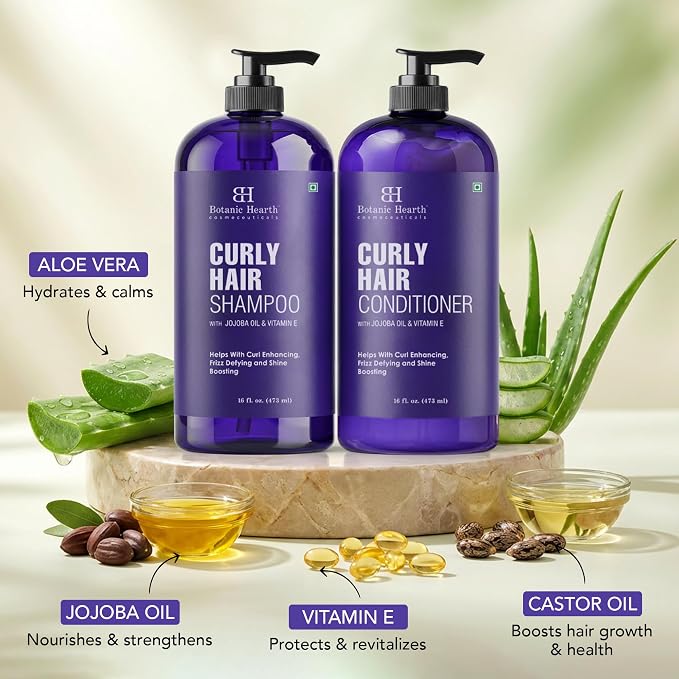 Botanic Hearth Curly Hair Shampoo And Conditioner Set For Curly Hair | Detangle, Define & Enhance Curls | With Jojoba Oil & Vitamin E | Sulphate Free | 16 Fl Oz X 2