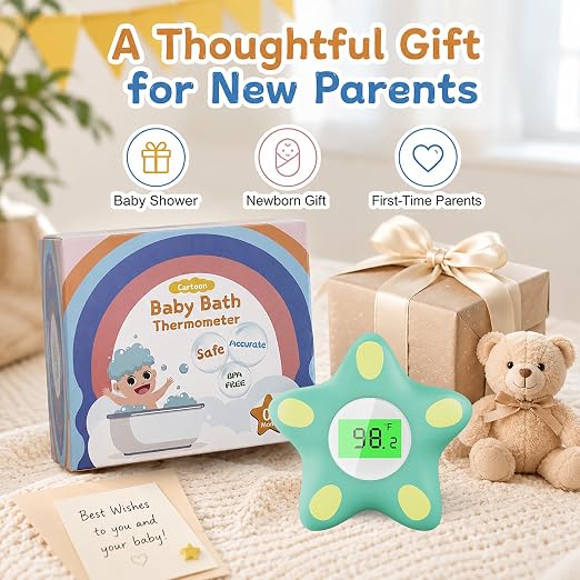 Baby Bath Thermometer for Infant & Toddler, Floating Digital Water Temperature Thermometer with 3-Color LED Backlight, Instant Accurate Reading,Baby Bath Toy,Hot & Cold Alert（Green starfish）