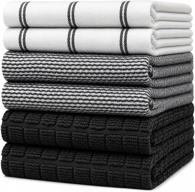 Premium Kitchen Towels (20”x 28”, 6 Pack) | Large Cotton Dish Towels | Flat & Terry Highly Absorbent Kitchen Linen Set with Hanging Loop | Black Check