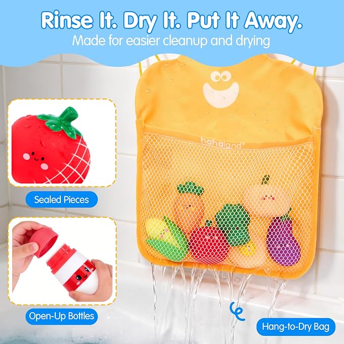 hahaland Color Changing Bath Toys for Toddlers 1-3, Bath Soup Kitchen Playset for 12M+, No-Hole Mold-Free Bathtub Toy for 1 Year Old, Pretend Cooking Set with 15 PCS Veggies, Pot, Spoon, Mesh Bag